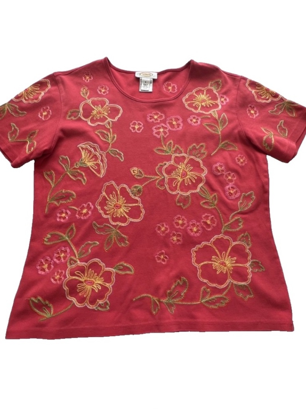 TALBOTS Womens Sz M Short Sleeve Embroidered Coral floral Top Pull Over Gorgeous